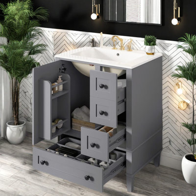 Meuble-lavabo moderne gris de 24 po avec lavabo en céramique et rangement à fermeture en douceur