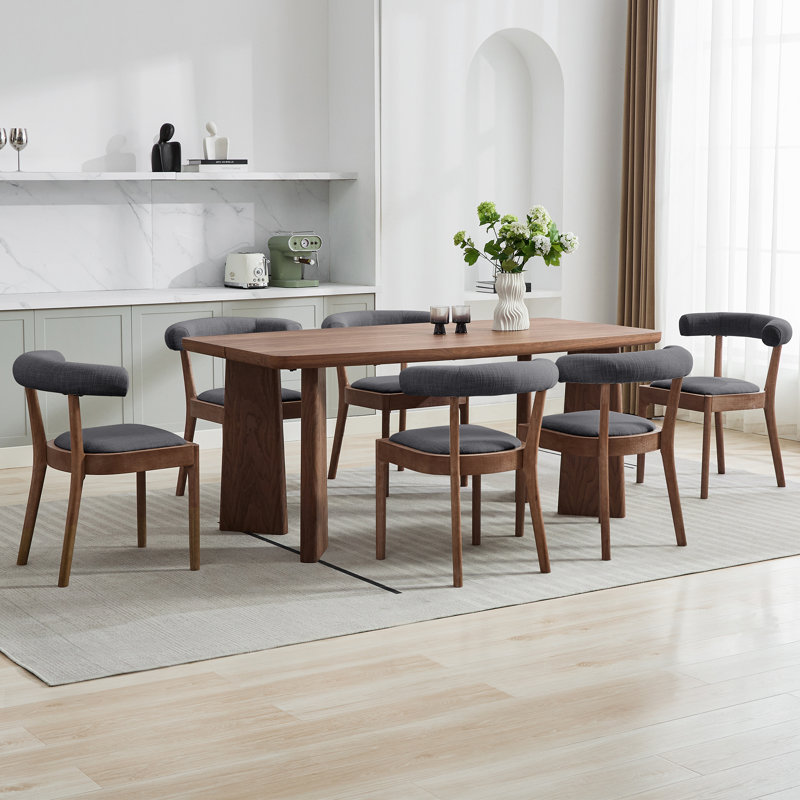 Ensemble de table à manger moderne, table de salle à manger rectangulaire et chaise de salle à manger rembourrée à dossier demi-tonneau avec structure en bois massif pour la salle à manger / cuisine