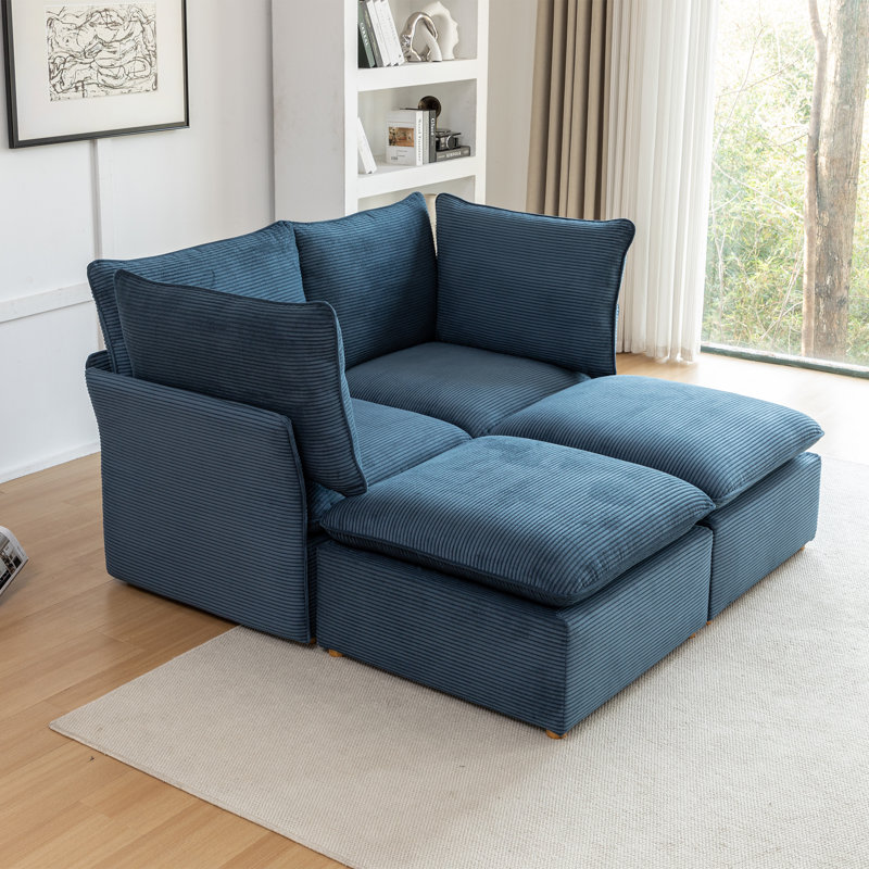 Hepworth 4 - Piece Corduroy Sectional Sofa With Two Ottomans, Blue Corduroy