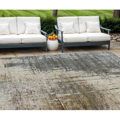 Tapis d'extérieur lavable abstrait brun et gris 8 pi x 10 pi beige