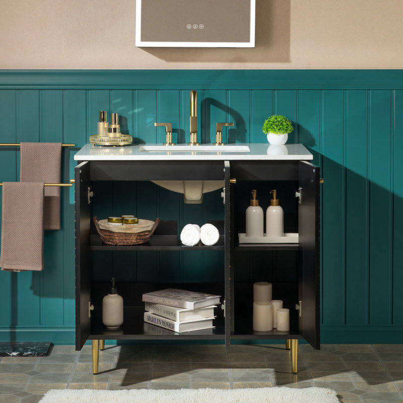 Meuble-lavabo moderne 36 po avec comptoir en pierre reconstituée blanche, lavabo encastré et décorations noires / dorées peintes à la main Eden
