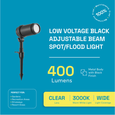 Low Voltage Adjustable Beam LED Spot/Flood Light – 400 Lumens, 3000K Soft White, Black Finish, Outdoor Landscape Lighting