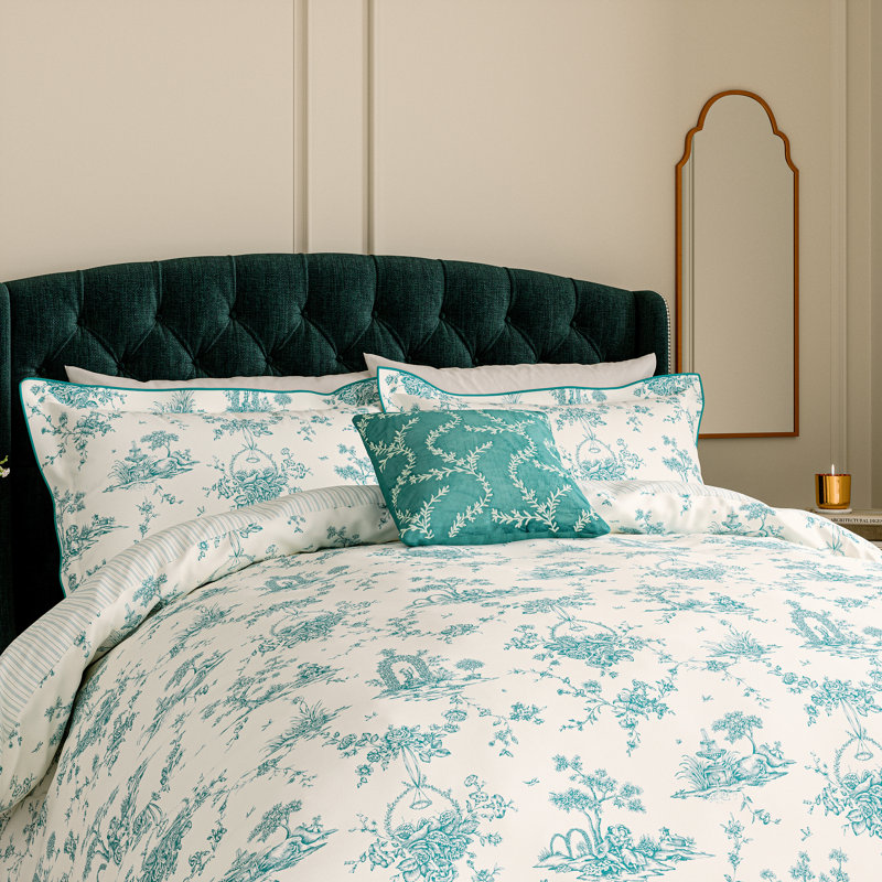 Chinese Magpie Cotton Toile Duvet Cover Set, Blue, Super King Duvet Cover + 2 Pillowcases