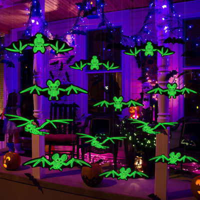 12 Pcs Glowing Hanging Bats Halloween Decorations Outdoor, 3D Plastic Flying Bat Sticker for Porch, Lawn