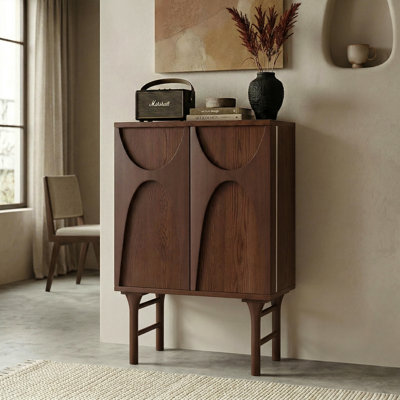 Buffet 31,69 "en bois massif avec portes sculptées 3D et tablette réglable, armoire de rangement pour salle à manger ou salon