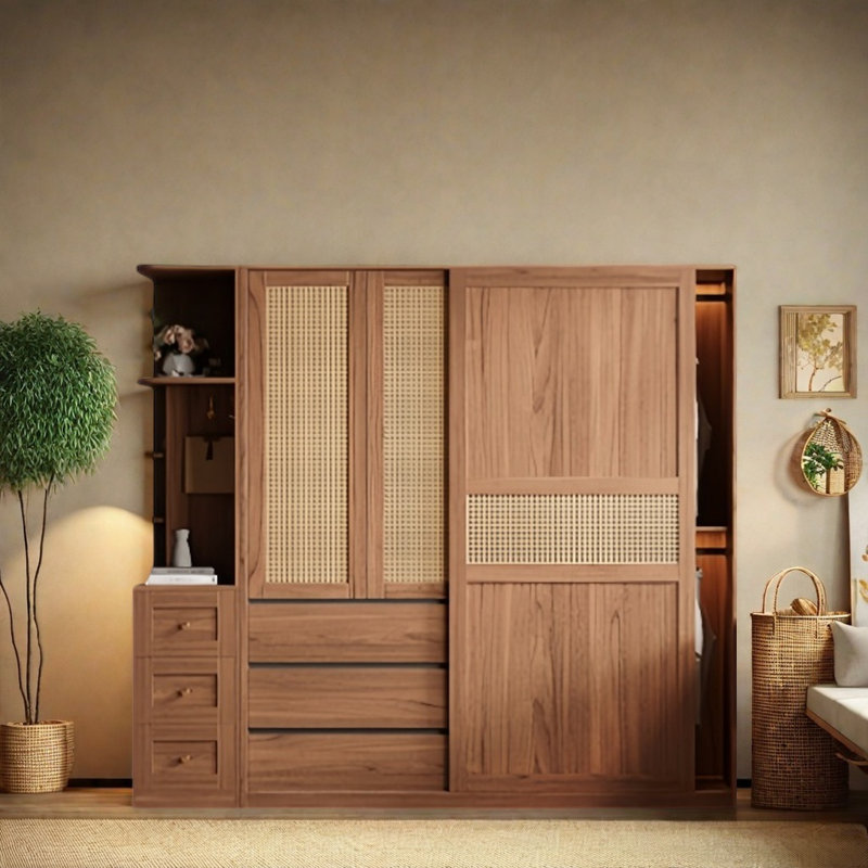 Garde-robe coulissante simple et élégante en osier, H 78,74 po x l 62,99 po x P 23,62 po