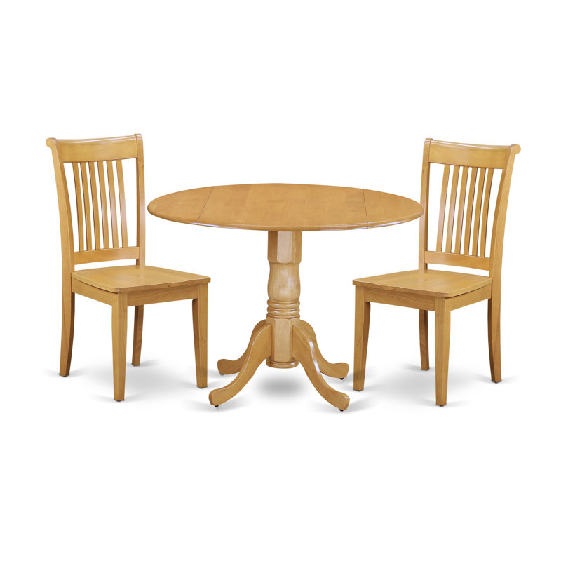 3 Piece Dining Room Furniture Set Contains a Round Kitchen Table with Dropleaf and 2 Dining Chairs, 42x42 Inch, Oak, Oak