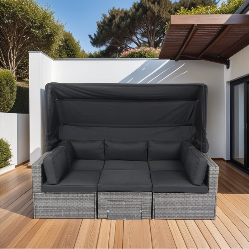 7-Piece Patio Furniture Set W/Retractable Canopy Wicker Rattan Sectional Sofa Set Patio Furniture With Washable Cushions For Lawn, Garden, Backyard, Poolside, Wicker + Cushion