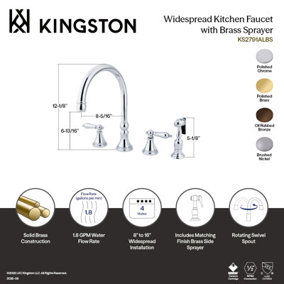 Kingston Brass Governor Double-Handle 4-Hole Widespread Kitchen Faucet with Brass Sprayer