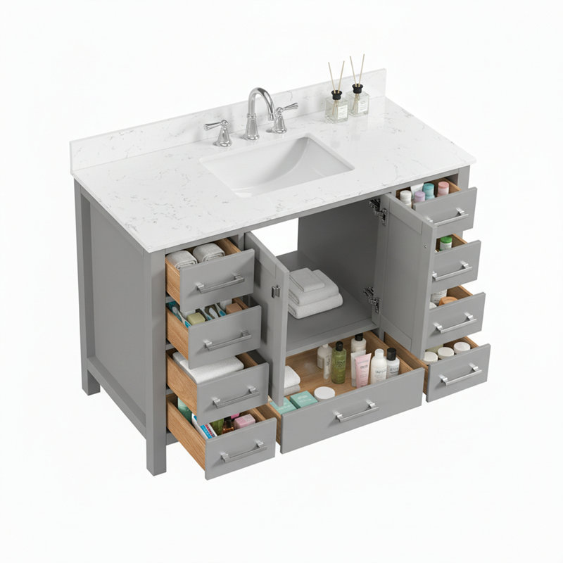 Meuble-lavabo sur pied 48 po, meuble-lavabo autoportant avec comptoir, armoire de rangement en bois massif gris