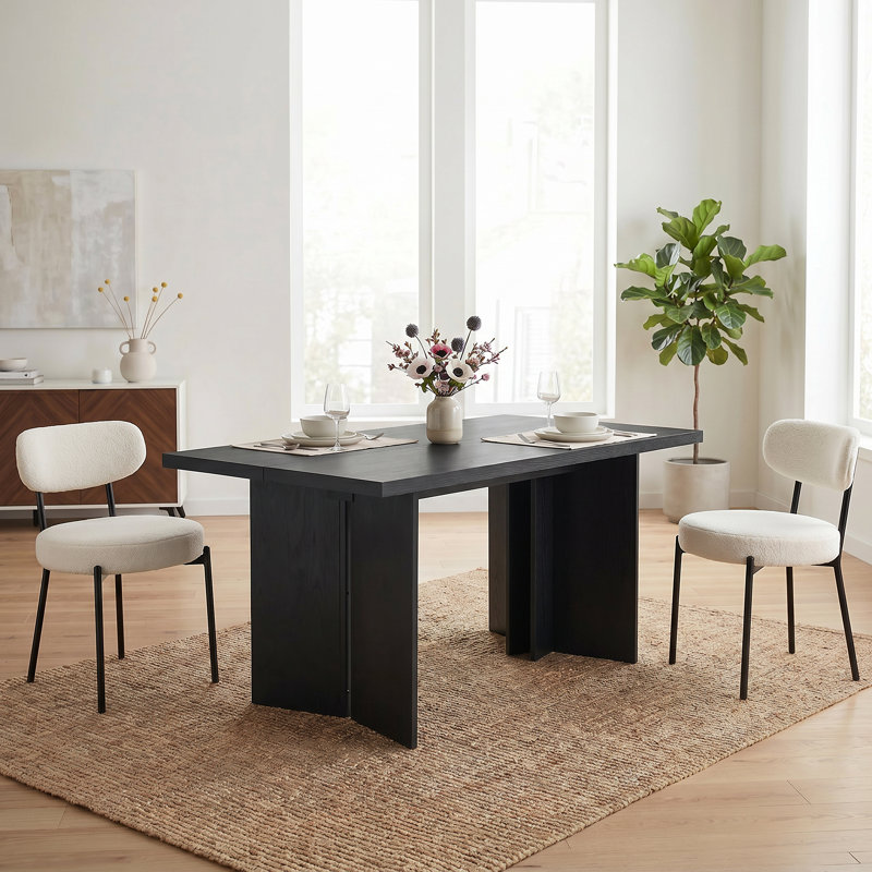 Table de salle à manger rectangulaire en bois Alyria de 63 po avec 2 chaises de salle à manger en cuir bouclé Sherpa, Black