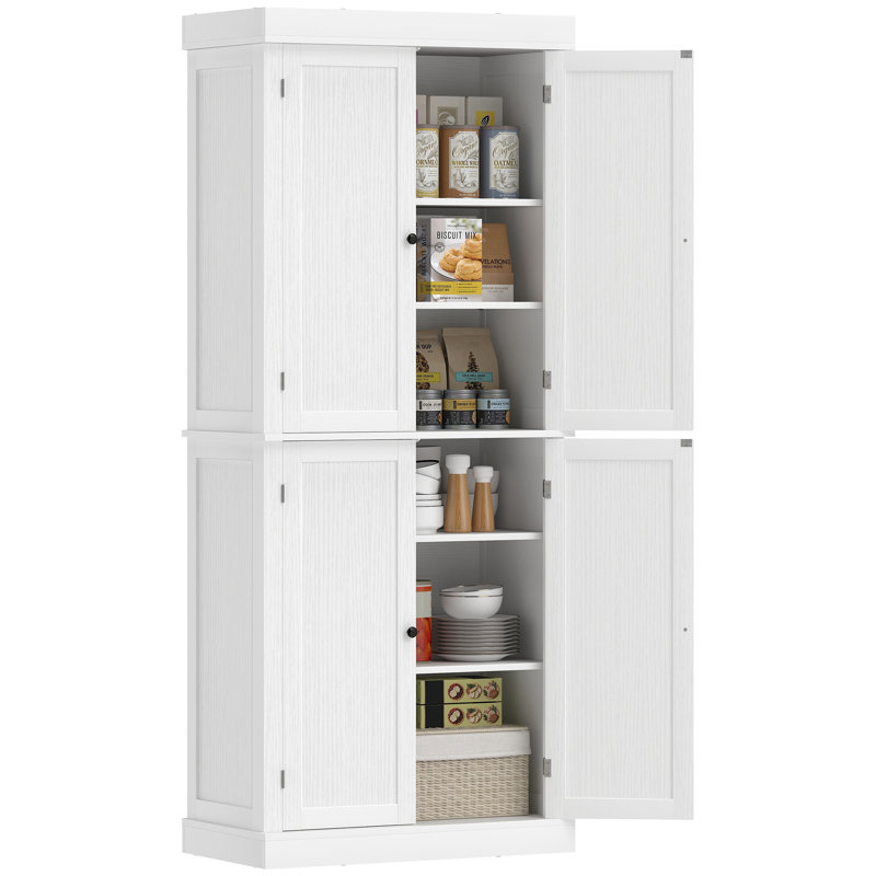 72.5" Freestanding Kitchen Pantry Cabinet, Tall Storage Cabinet with 4 Doors and 2 Adjustable Shelves for Dining Room, White Wood Grain