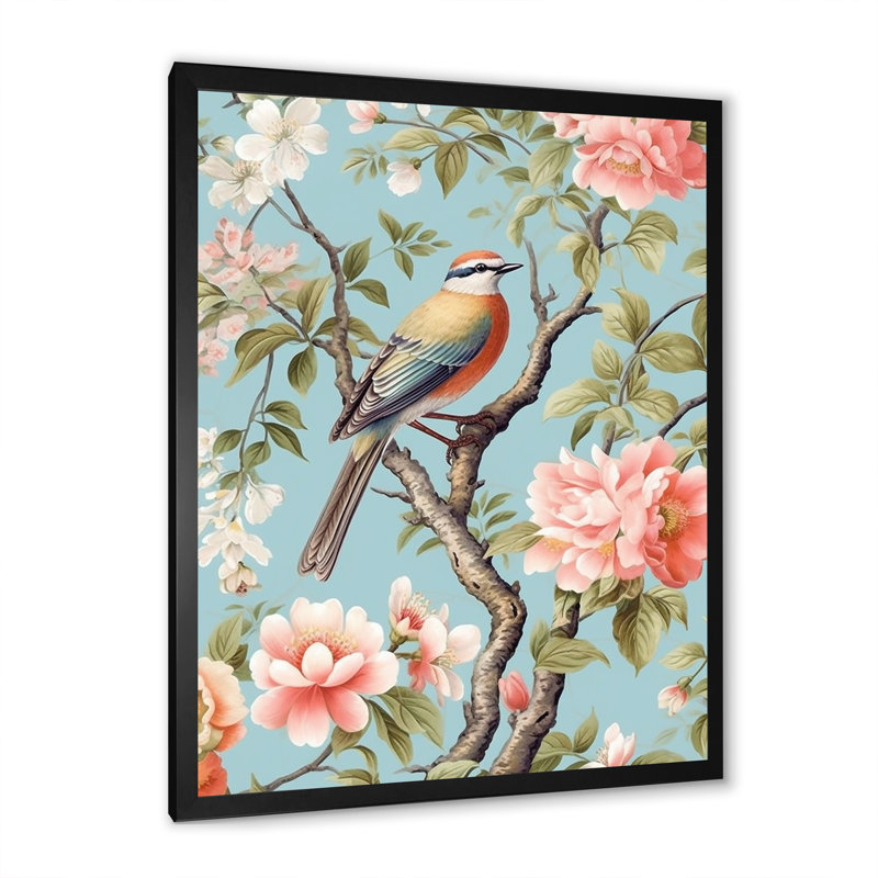 Chinoiserie, oiseaux et pivoines II, Cadre simple noir, H 20 po x l 12 po x P 1 po
