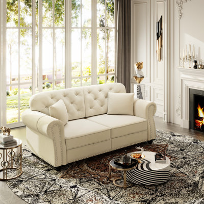 Canapé d'angle de 63 pouces beige/blanc en velours capitonné avec boutons, ourlet roulé, garniture cloutée, mousse confortable et résiliente, 2 coussins haute densité.