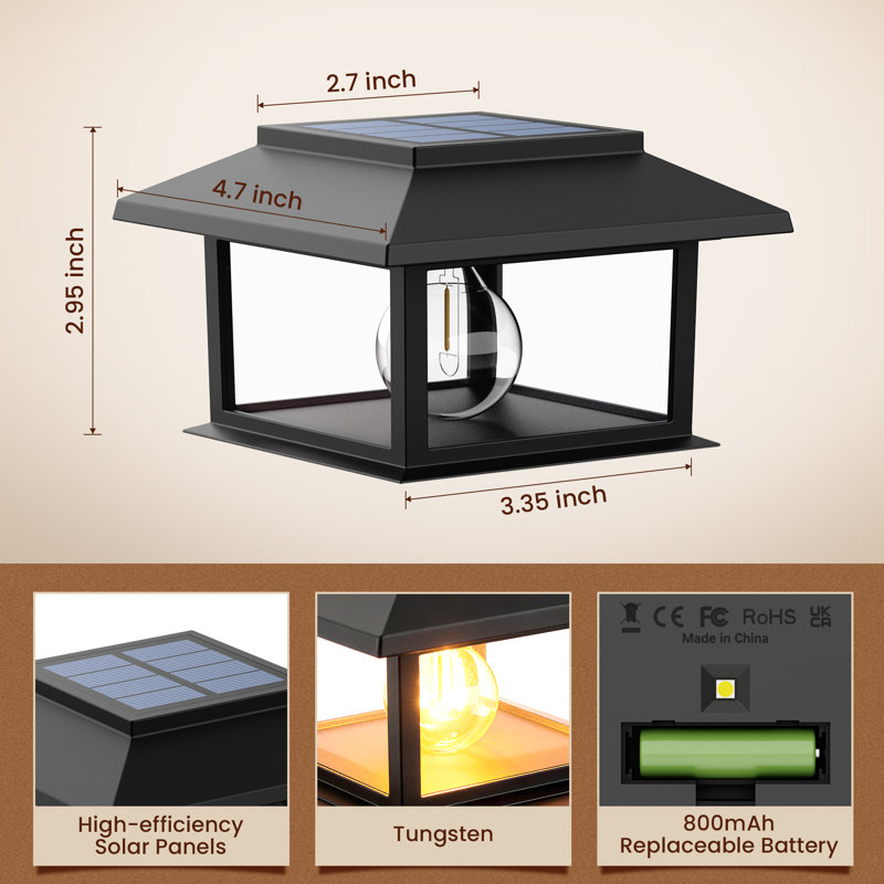 Paquet de 6 lumières de poteau solaire noires pour l'extérieur, lumière chaude avec DEL Edison, convient pour une clôture de 4 x 4, 5 x 5, 6 x 6, lumières solaires de poteau imperméables pour le jardin, la cour, la terrasse et le patio