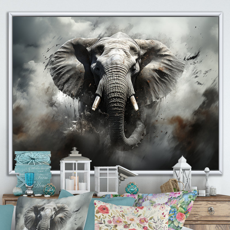 «Elephant Symphony Stampede I» sur toile, H 24 po x l 32 po x P 1 po, Cadre flottant blanc