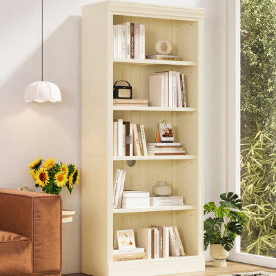Bibliothèque de rangement de 83,4 po de hauteur avec tablettes à DEL et réglables, convient à l'esthétique de la maison, tablettes décoratives jaunes beiges, gestion des trous de câbles, et plus