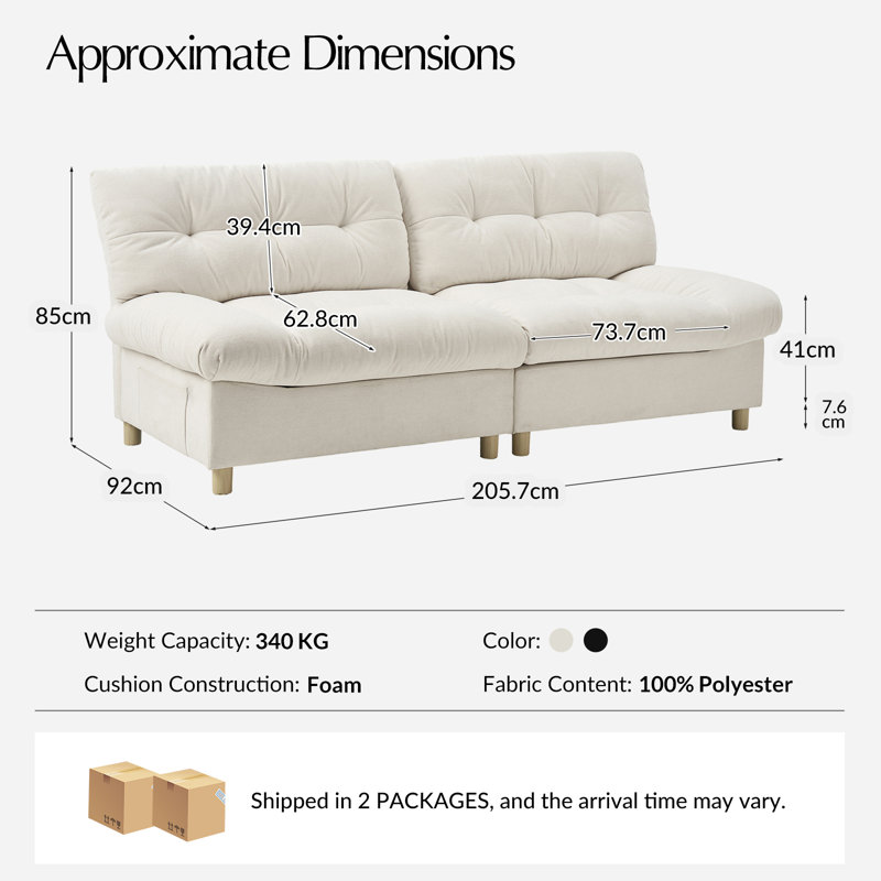 Basilio 2 Seater Upholstered Sofa with USB Type-C Ports and Storage Pockets, Beige