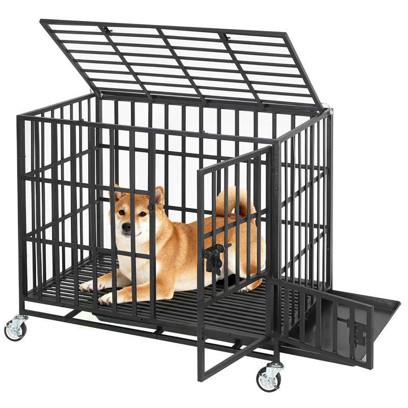 Caisse pour chien robuste à l'épreuve des fuites, chenil d'intérieur en métal avec 3 portes, roues verrouillables et plateau amovible, 36 po / 42 po / 49 po