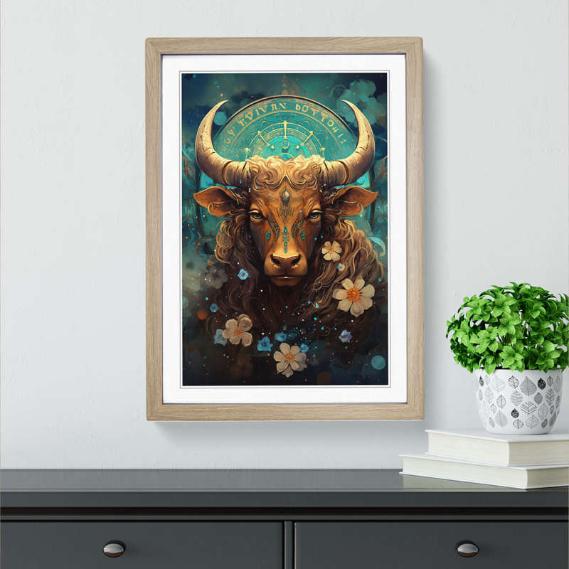 Taurus Zodiac Tachisme No.2 - Framed Print, 46" H x 34" W x 2" D, Oak