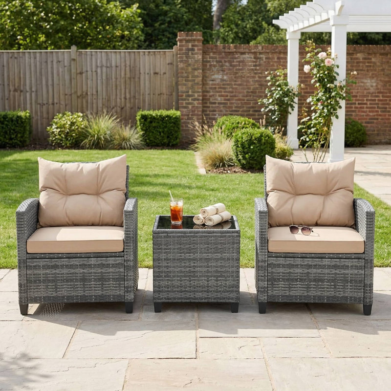 3-Piece All-Weather PE Wicker Outdoor Patio Conversation Set, 2 Padded Seats With Removable Washable Cushions, 1 Scratch-Resistant Tempered Glass Tabletop Side Table