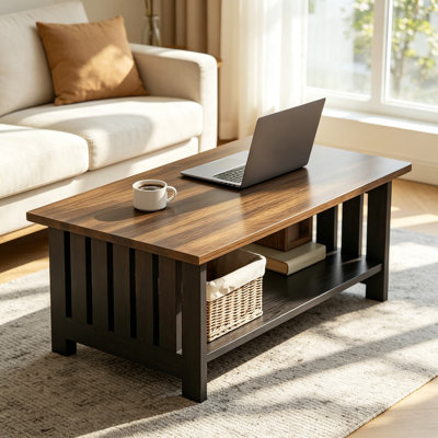 39.4 Inch Farmhouse Coffee Table with Storage, 2 Tier Small Coffee Table for Living Room, Solid Wood and Engineered Wood Tea Table for Small Spaces, B