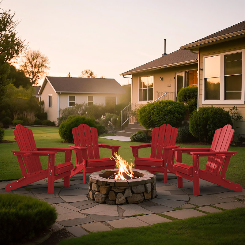 Ayanda HDPE Folding Adirondack Chair With Dual Cup Holder(Set Of 4), Red