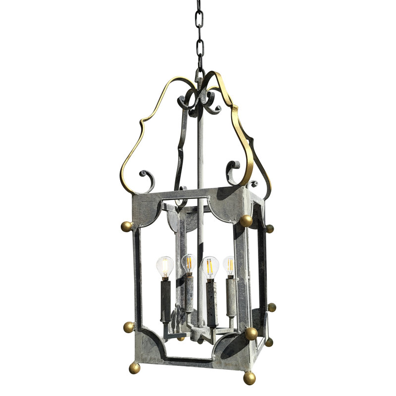 Chelsea 4 - Light Lantern Square Pendant with Wrought Iron Accents, 13" L x 13" D x 29" H, Rustic Brown