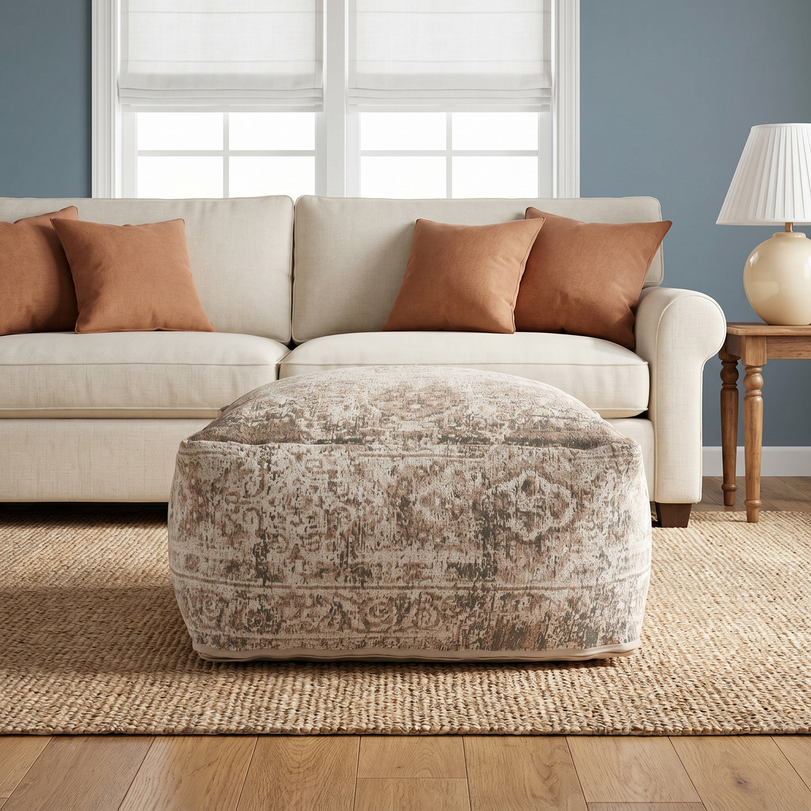Katya Upholstered Pouf, Cream Polyethylene Terephthalate