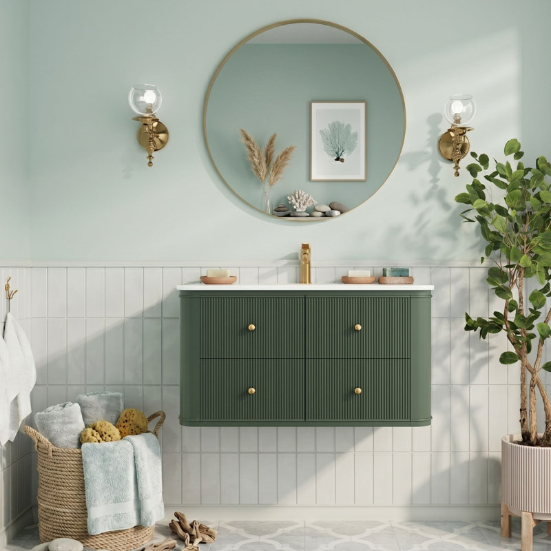 Meuble-lavabo mural simple 36 po avec lavabo en acrylique intégré, conception nervurée, deux ensembles de poignées (or et argent), vert sauge