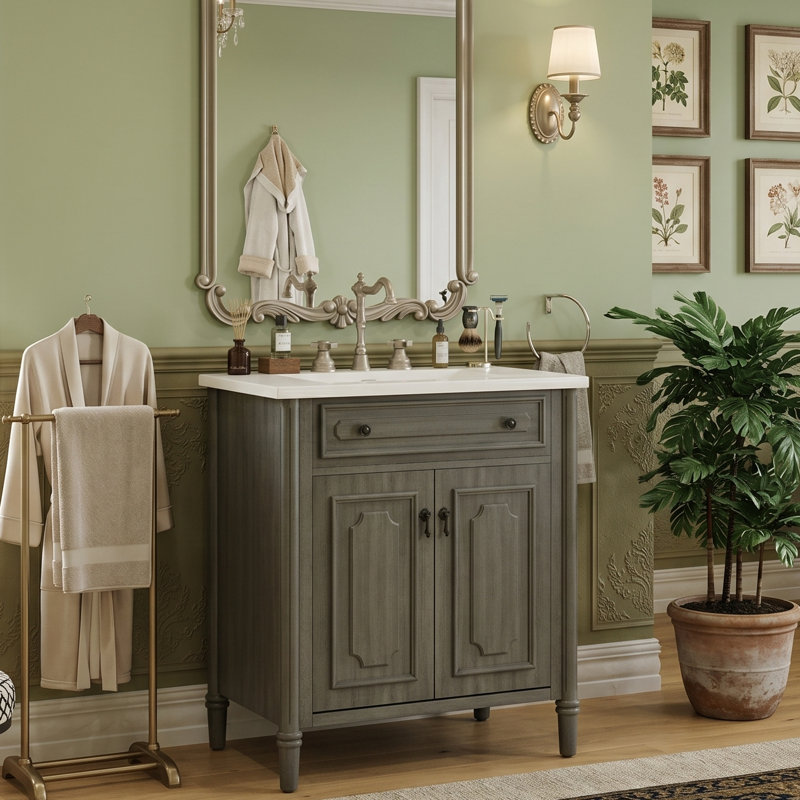 Meuble-lavabo 30 po avec lavabo intégré en céramique, armoire en bois massif et tablette réglable (gris antique)