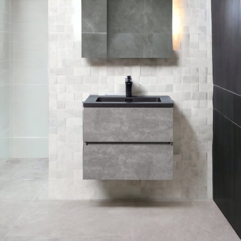Meuble-lavabo mural simple 24 po avec comptoir en quartz Lecio, Noir mat