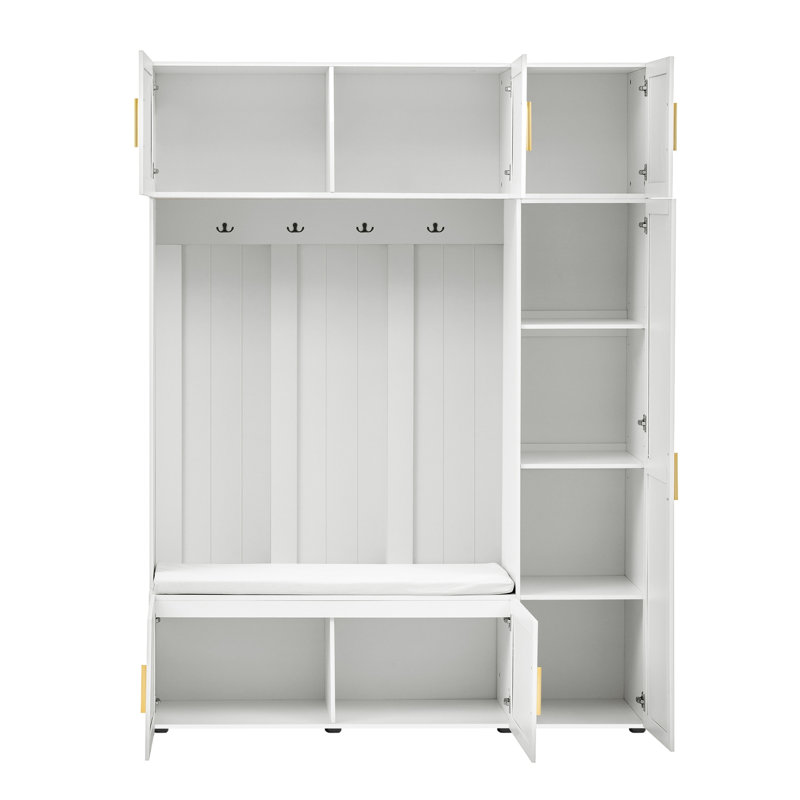 American Style 4-in-1 Hall Tree with Padded Bench, 4 Hooks, and Multi-Tier Storage Shelves