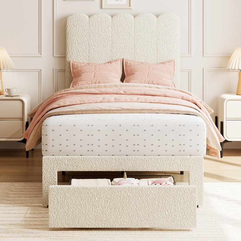 Structure de lit simple avec tiroir sous le lit, lit plateforme tapissier blanc Boucle