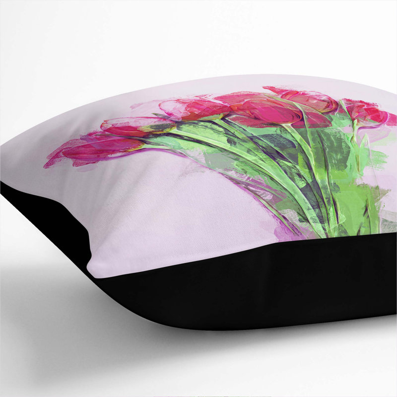 A Bunch Of Pink Tulips In Abstract Floral Square Throw Cushion, 40 x 40 cm, Black