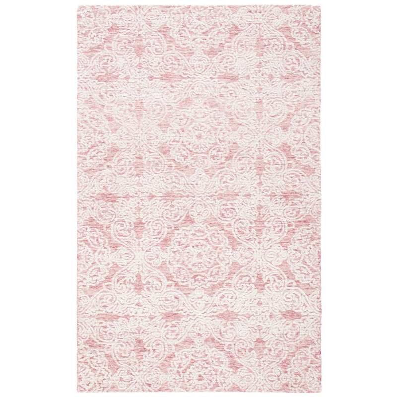 Noor Damask Handmade Tufted Wool Dark Pink/Ivory Area Rug, Rectangle 3' x 5'