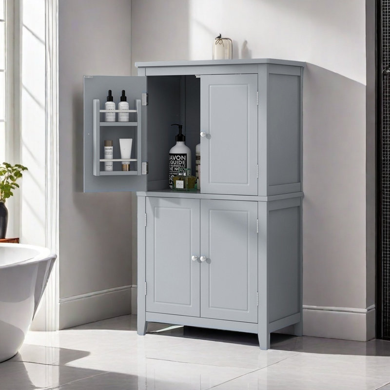 Armoire de rangement élégante pour salle de bain, unité de rangement pour salle de bain, armoire autoportante avec 4 portes, tablettes réglables, tablettes adaptables