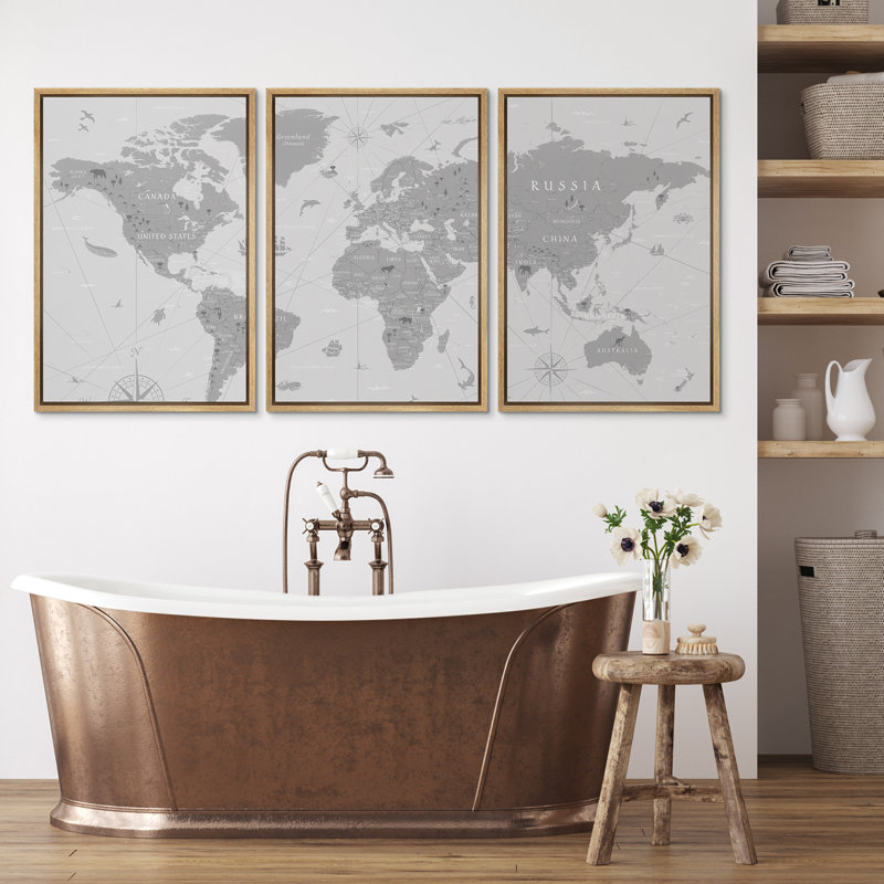 Carte du monde - impression sur toile, 3 pièces, H 24 po x l 48 po, Reproduction avec cadre flottant, Naturel