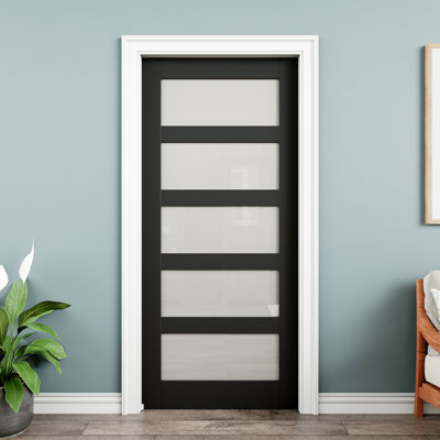 Porte intérieure double vitrée 48 po x 80 po à 5 poches en verre givré noir, plaque de porte d'intimité en verre, insonorisant et imperméable, comme portes de buanderie, portes de placard, portes de pièce, main gauche