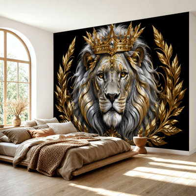 Wall Mural Peel and Stick Wallpaper Lion Portrait Golden Crown Ornate Baroque Details Black Self-Adhesive Removable Contact Paper Wall Decor for Living Room Bedroom 69"H x 96"W