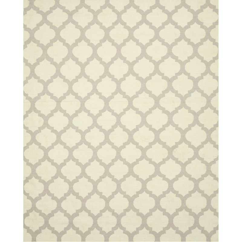Tapis ivoire moderne à motif géométrique en laine à motif quadrilobe neutre tissé à plat, 10 pi x 14 pi