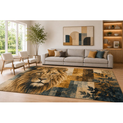 Large 6'7" x 9'10" Brown and  Blue Lion Face Area Rug for Living Room, Soft Low Pile Carpet with Non-Slip Silicone Backing, Decor for Bedroom Dining Room and Home Office