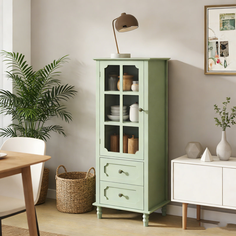 Mint Green Minimalist Buffet Sideboard Cabinet, Modern Wooden Storage With Glass Doors & Double Drawers, Mint Green