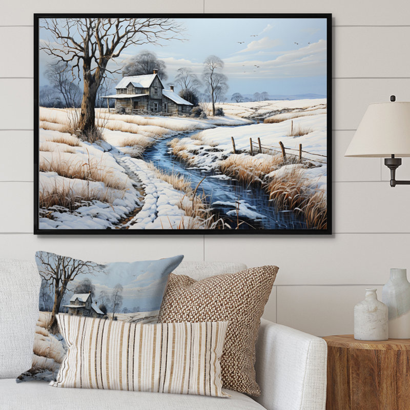 Countryside Winters Touch Patchwork II, reproduction d'art sur toile, 12" H x 20" W, White Picture Framed
