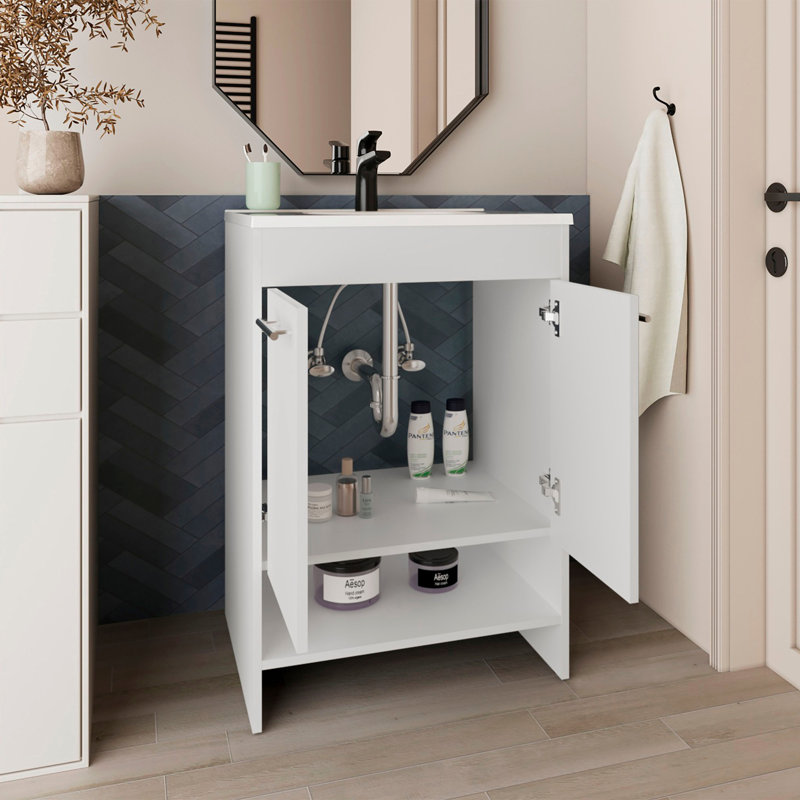 Bathroom Vanity With Sink, 2 Doors, 2 Shelves, White, White