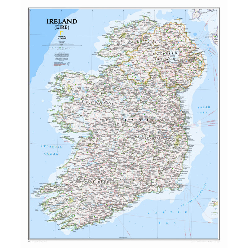 Carte murale classique de l'Irlande, Standard plastifiée (30 po x 36 po)