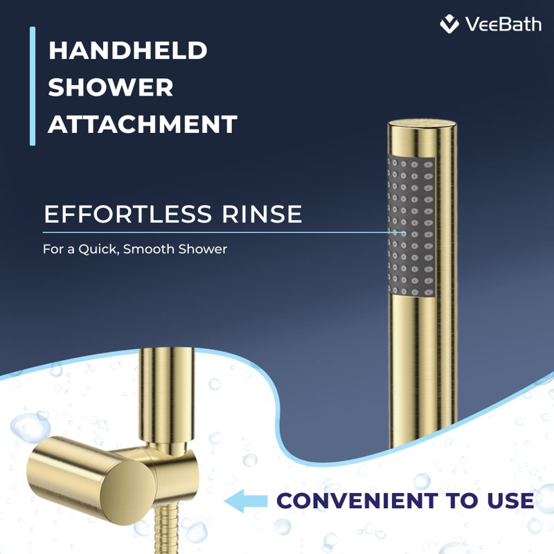 VeeBath Symphony Round Waterfall Bath Shower Mixer Tap with Kit, Brushed Brass