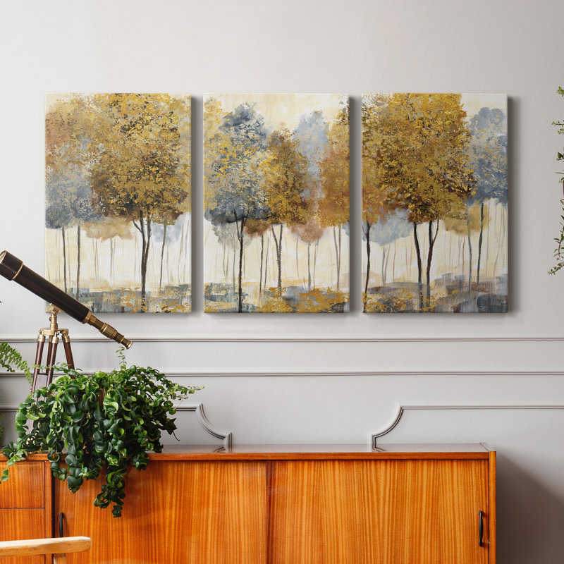 Golden Forest - Ensemble de 3 peintures sur toile tendue, H 27 po x l 54 po x P 1 po