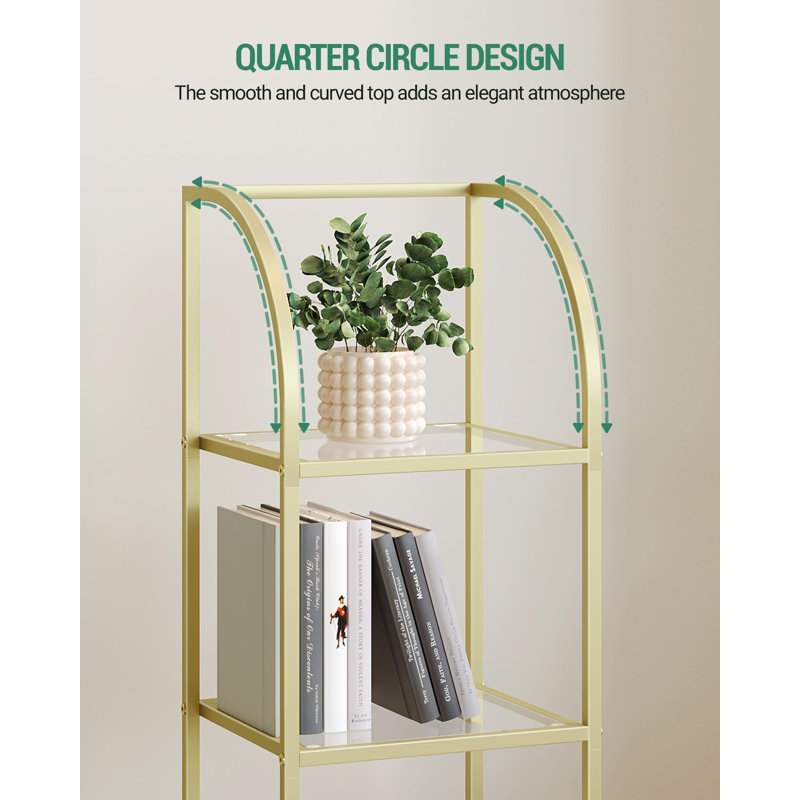 4-Tier Bookcase Bookshelf,Gold Finish Arched Glass Bookcase