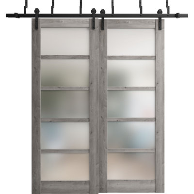 Portes coulissantes de placard en verre dépoli de style grange Quadro 4002 Gris Nebraska | Rails robustes de 2 m (6,6 pi) | Quincaillerie | Portes de placard de chambre en bois massif - 183 x 244 cm (72 x 96 po) (2 x 91 x 244 cm (36 x 96 po))